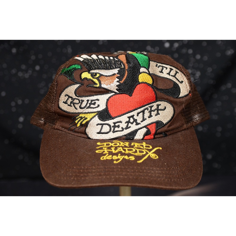 Ed Hardy True Til Death Eagle Hat Cap Trucker Mens y2k Brown Mesh Tattoo